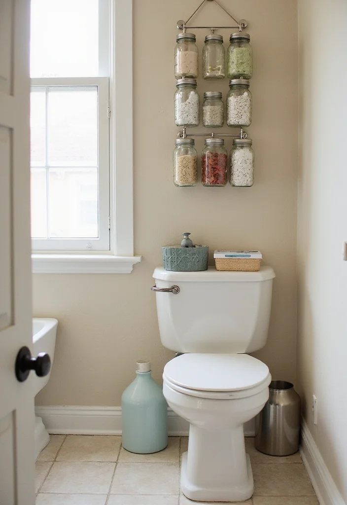 16 Toilet Decor Ideas to Refresh Your Bathroom - 11. Mason Jar Organizers