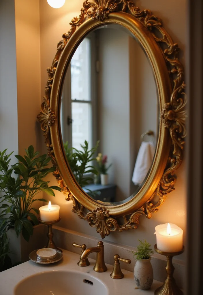 16 Vanity Mirror Ideas to Elevate Your Bathroom - 1. Ornate Gold Framed Mirror