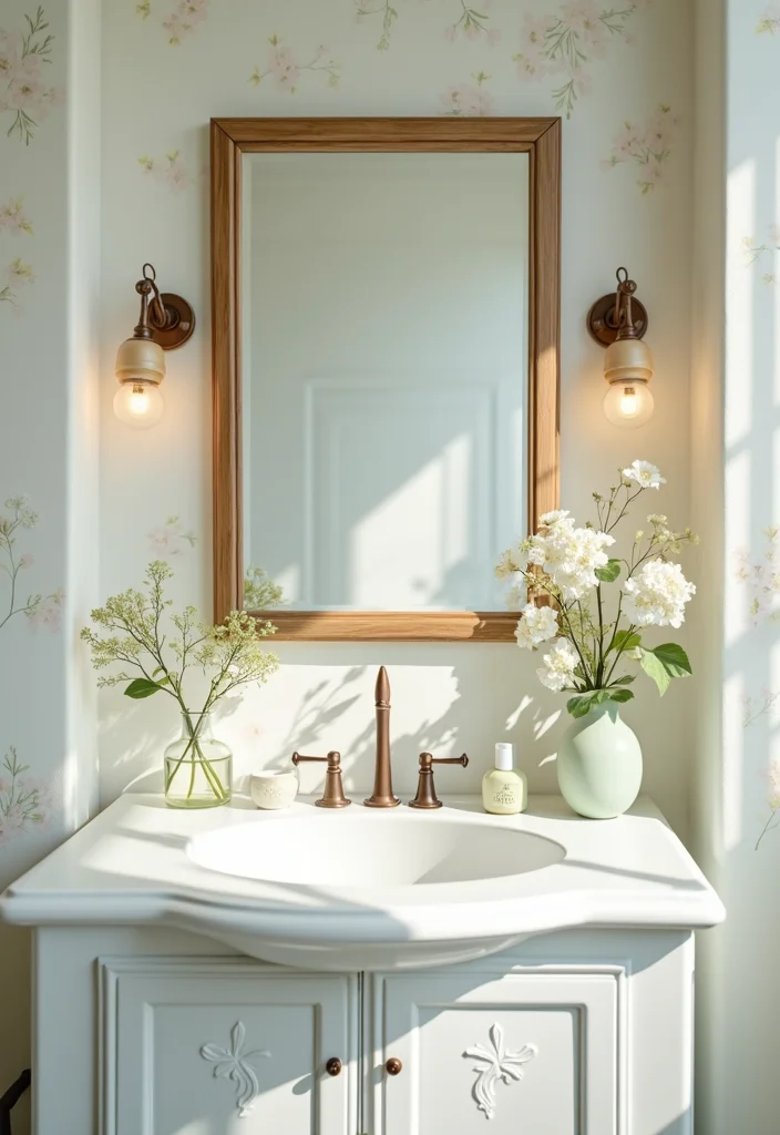 16 Vanity Mirror Ideas to Elevate Your Bathroom - 12. Framed Bathroom Mirror with Floral Motif