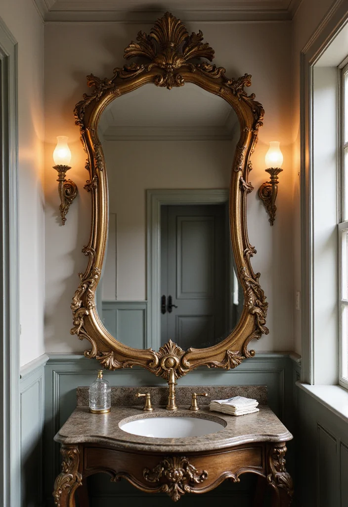 16 Vanity Mirror Ideas to Elevate Your Bathroom - 15. Vintage Baroque Style Mirror