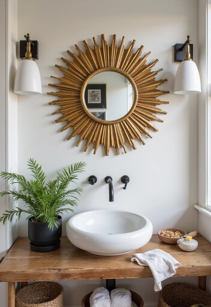 16 Vanity Mirror Ideas to Elevate Your Bathroom - 6. Vintage Sunburst Mirror