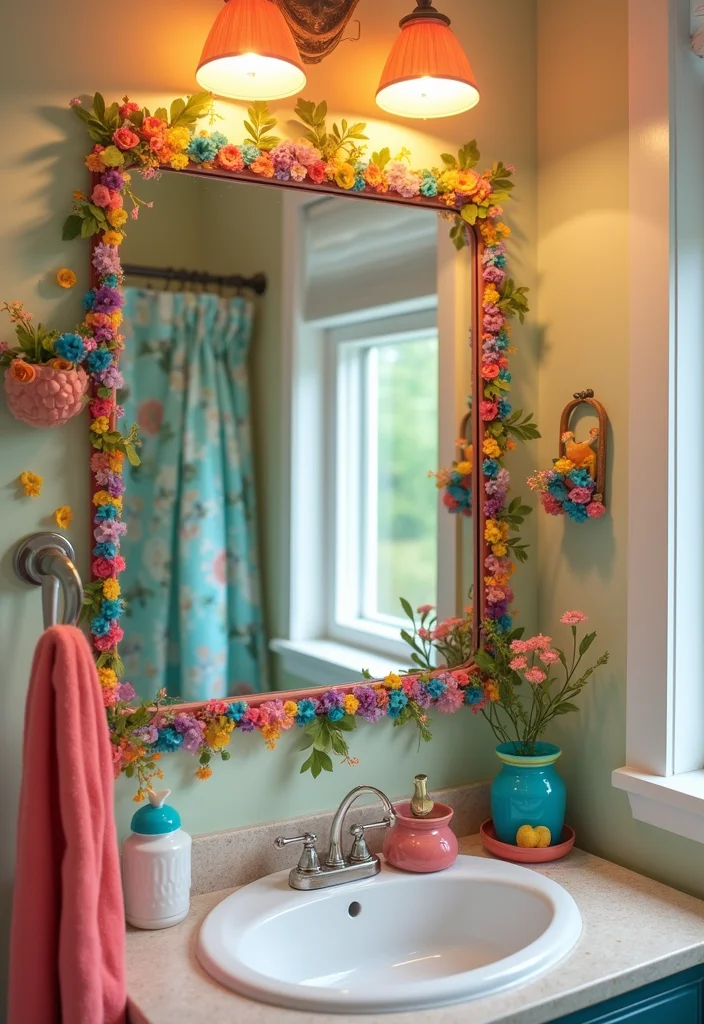 16 Vanity Mirror Ideas to Elevate Your Bathroom - 9. Decorative Bathroom Mirror with Colorful Accents