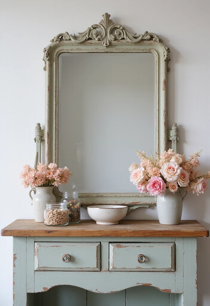 16 Vintage Bathroom Console Table Styling Ideas - 1. Romantic Rustic Charm