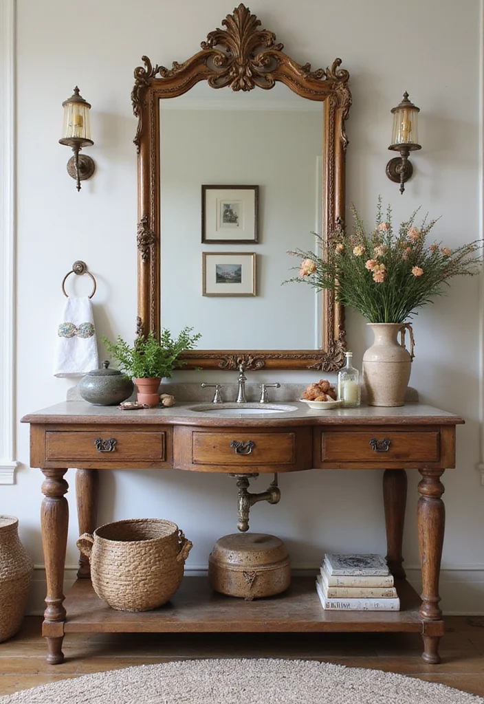 16 Vintage Bathroom Console Table Styling Ideas - 11. Eclectic Mix