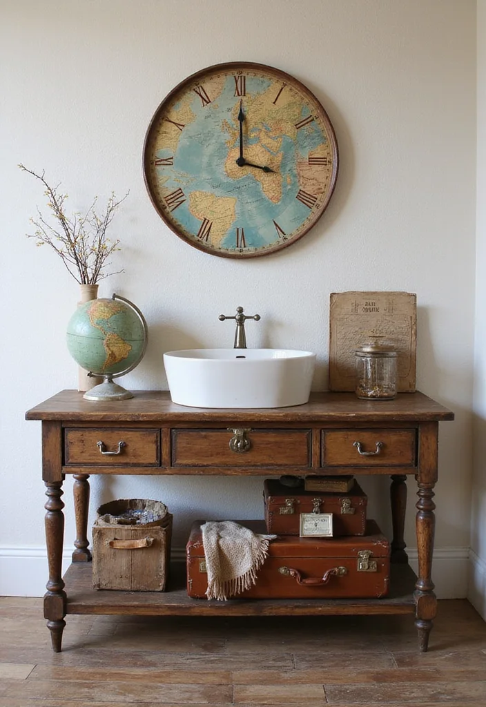 16 Vintage Bathroom Console Table Styling Ideas - 12. Vintage Travel Theme