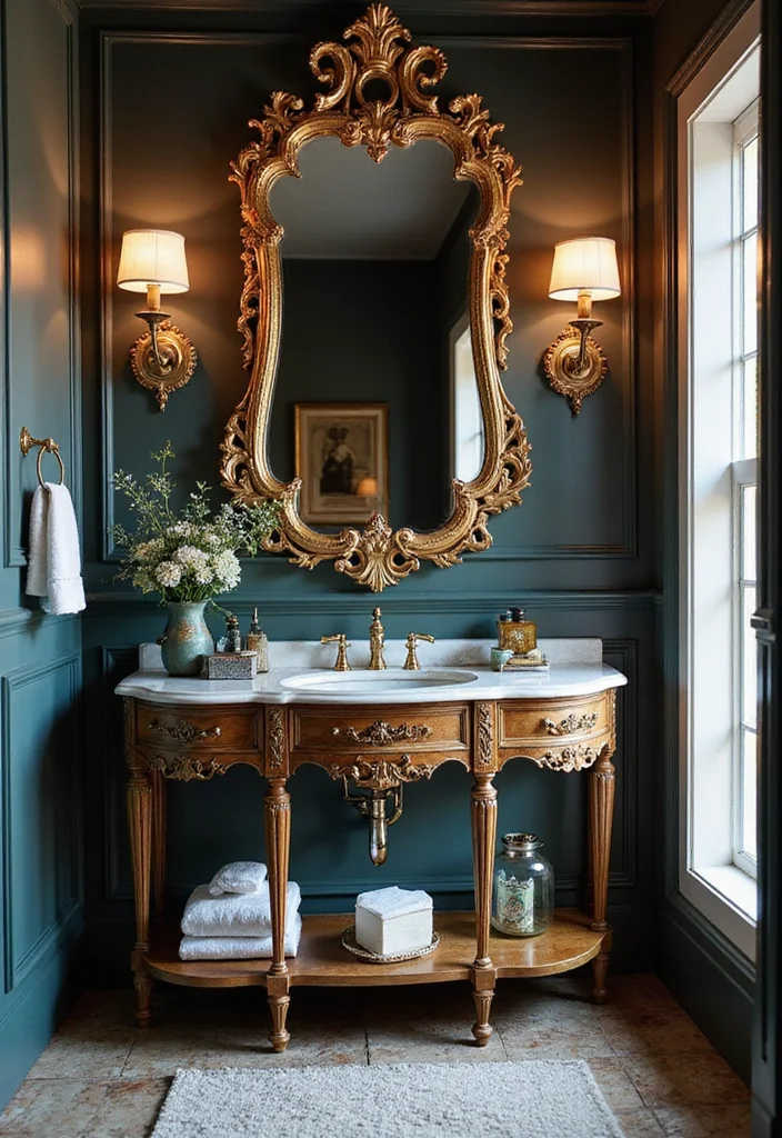 16 Vintage Bathroom Console Table Styling Ideas - 15. Vintage Glamour with Mirrors
