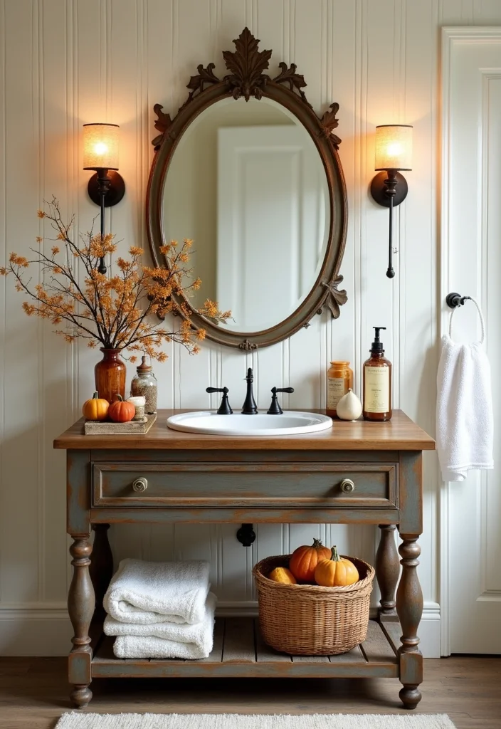 16 Vintage Bathroom Console Table Styling Ideas - 16. Seasonal Decor Switch-Up