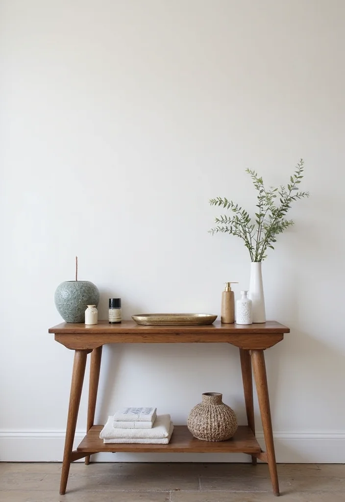 16 Vintage Bathroom Console Table Styling Ideas - 2. Chic and Minimalist