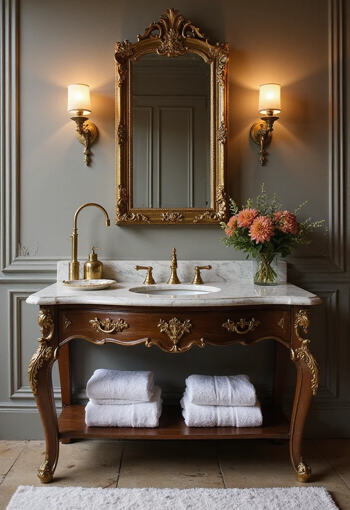 16 Vintage Bathroom Console Table Styling Ideas - 3. Glamorous Gold Accents