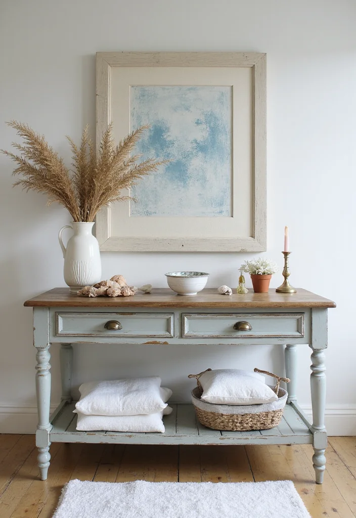 16 Vintage Bathroom Console Table Styling Ideas - 4. Coastal Vibes