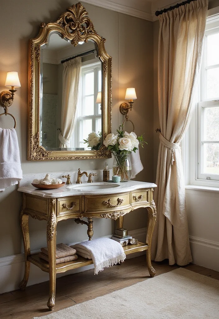 16 Vintage Bathroom Console Table Styling Ideas - 6. Vintage Glam