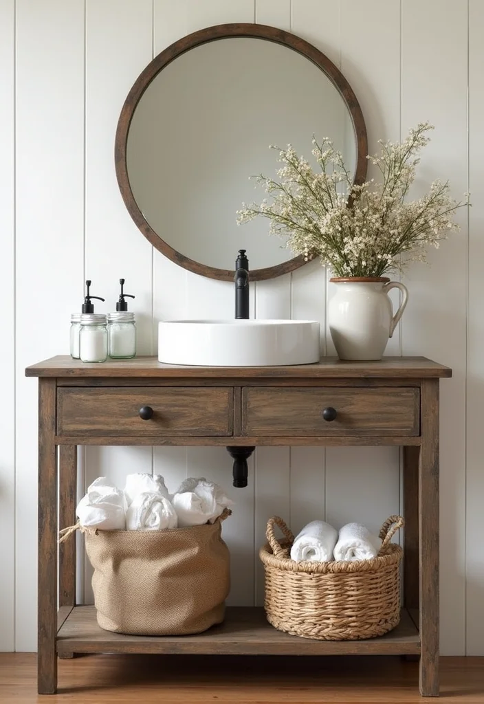 16 Vintage Bathroom Console Table Styling Ideas - 7. Farmhouse Fresh