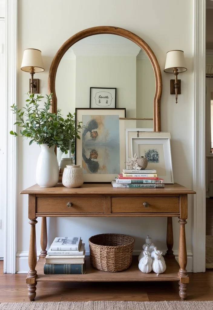 16 Vintage Bathroom Console Table Styling Ideas - 8. Artistic Display