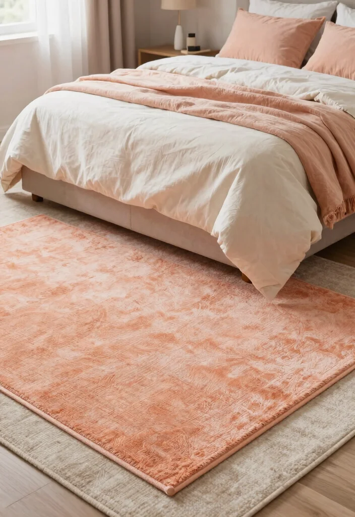 17 Peach Colour Modern Bedroom Ideas With Fresh Warm Style - 10. Layered Peach Rugs