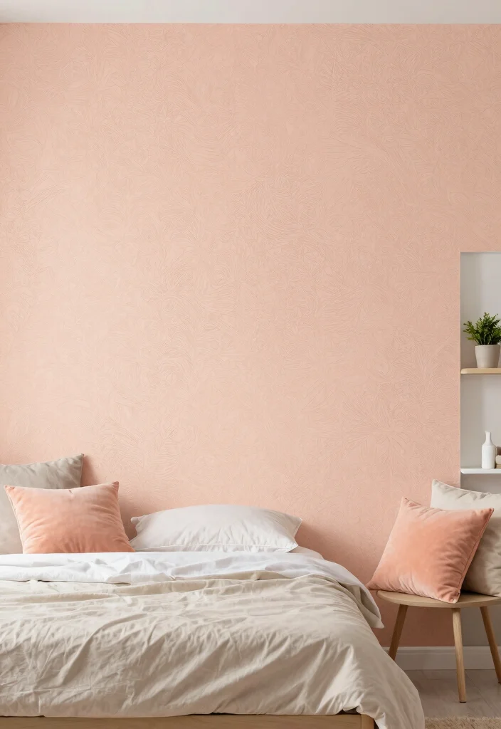 17 Peach Colour Modern Bedroom Ideas With Fresh Warm Style - 11. Peach-Inspired Wallpaper