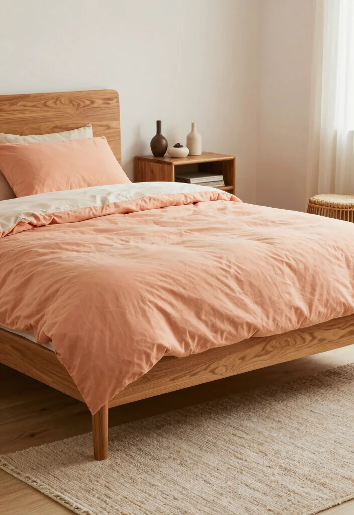 17 Peach Colour Modern Bedroom Ideas With Fresh Warm Style - 13. Peach and Wood Elements