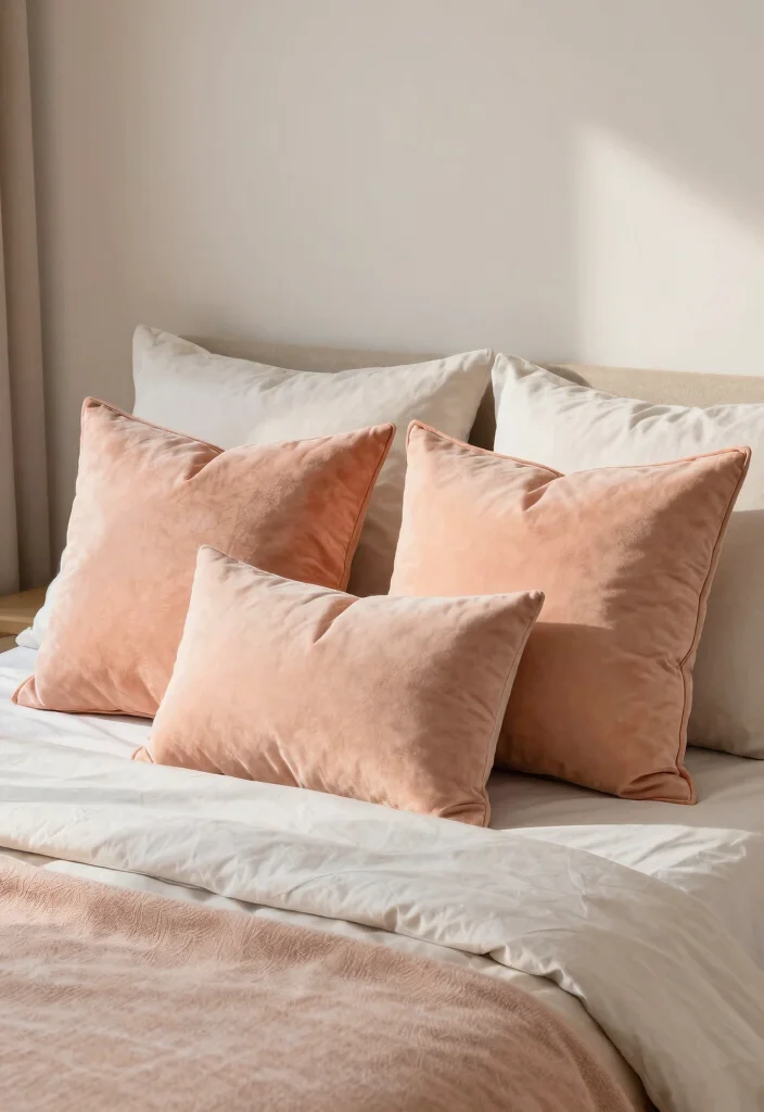 17 Peach Colour Modern Bedroom Ideas With Fresh Warm Style - 14. Peach Throw Pillows for a Pop of Color