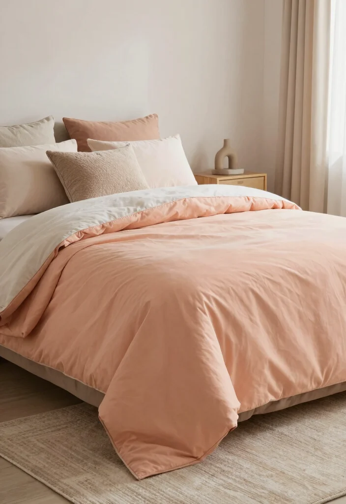 17 Peach Colour Modern Bedroom Ideas With Fresh Warm Style - 16. Peach Bedspread for a Fresh Look