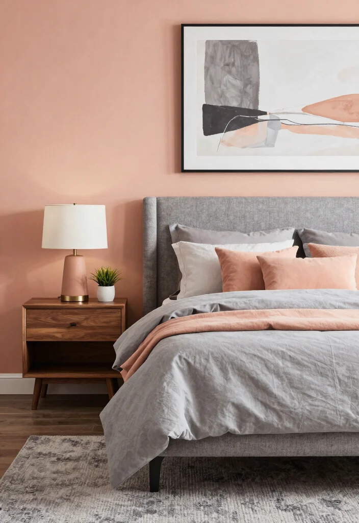 17 Peach Colour Modern Bedroom Ideas With Fresh Warm Style - 2. Peach and Gray Color Palette