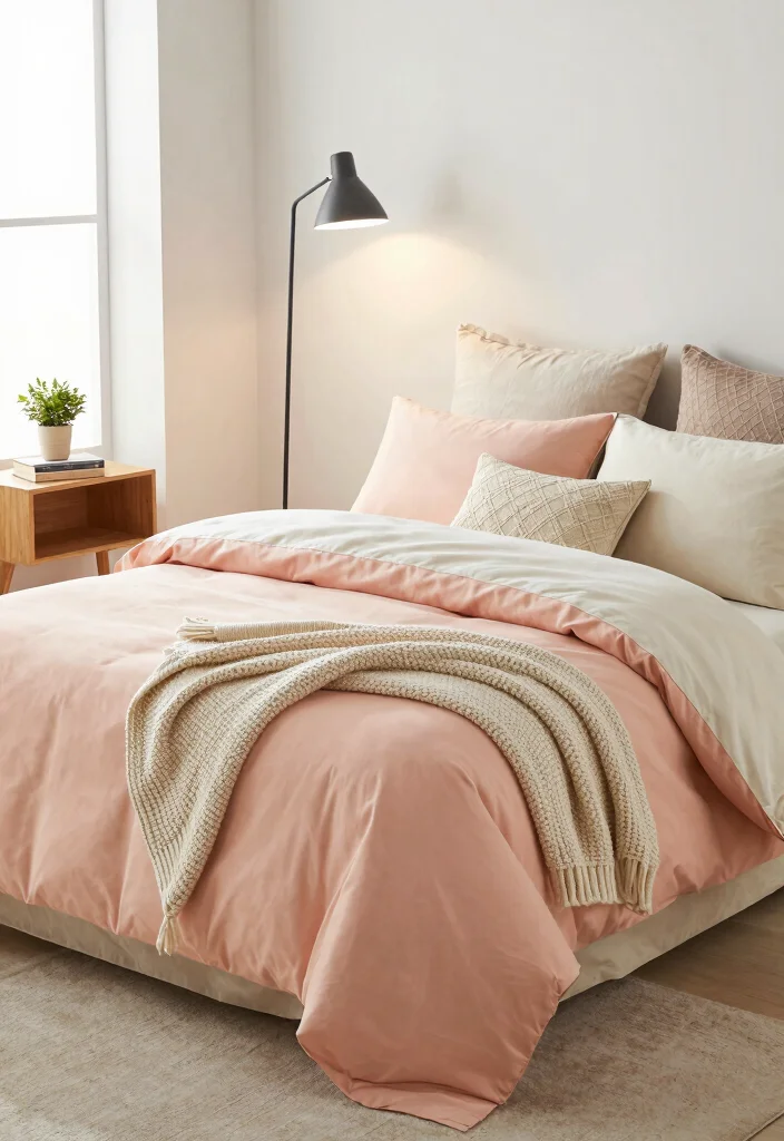 17 Peach Colour Modern Bedroom Ideas With Fresh Warm Style - 3. Peach Bedding with Neutrals