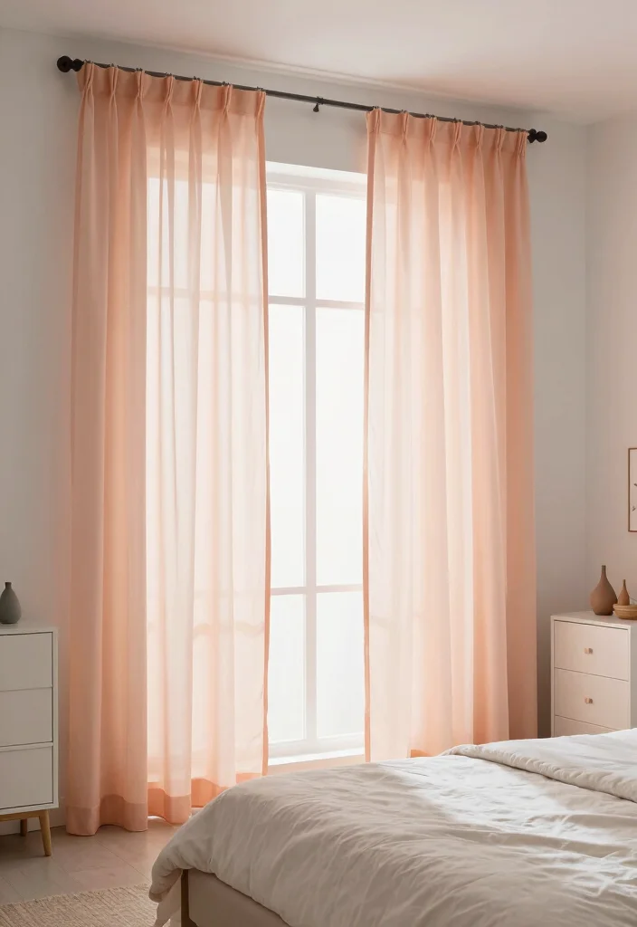17 Peach Colour Modern Bedroom Ideas With Fresh Warm Style - 4. Peach Curtains for Warm Light