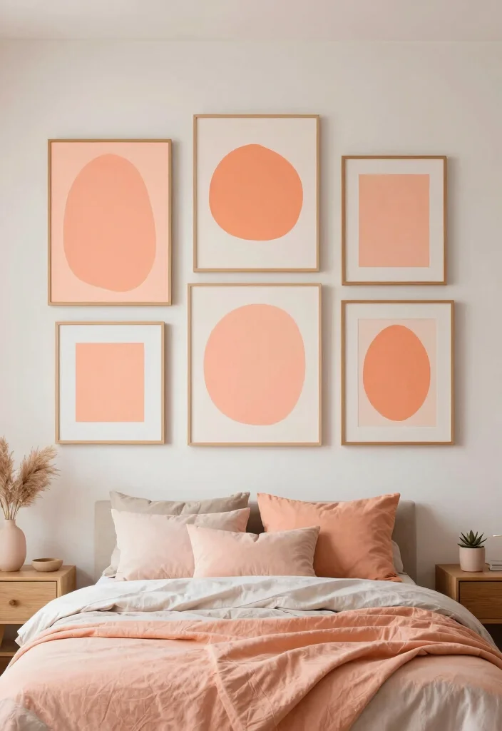 17 Peach Colour Modern Bedroom Ideas With Fresh Warm Style - 5. Peach Artwork to Accent the Space