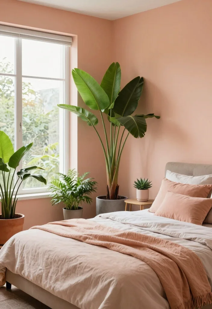 17 Peach Colour Modern Bedroom Ideas With Fresh Warm Style - 6. Peach and Greenery Combination