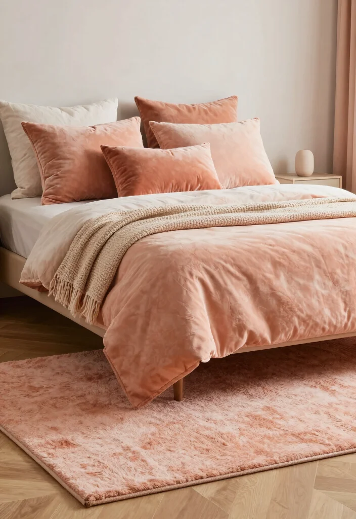 17 Peach Colour Modern Bedroom Ideas With Fresh Warm Style - 8. Peach Textured Accents