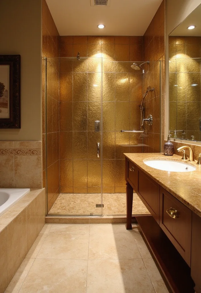 18 Bathroom Tile Ideas for Showers - 11. Metallic Hues