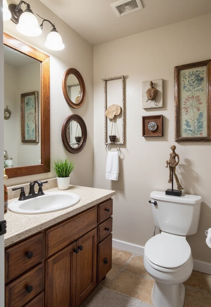 18 Bathroom Wall Ideas to Refresh Any Space - 4. Upcycled Art Pieces