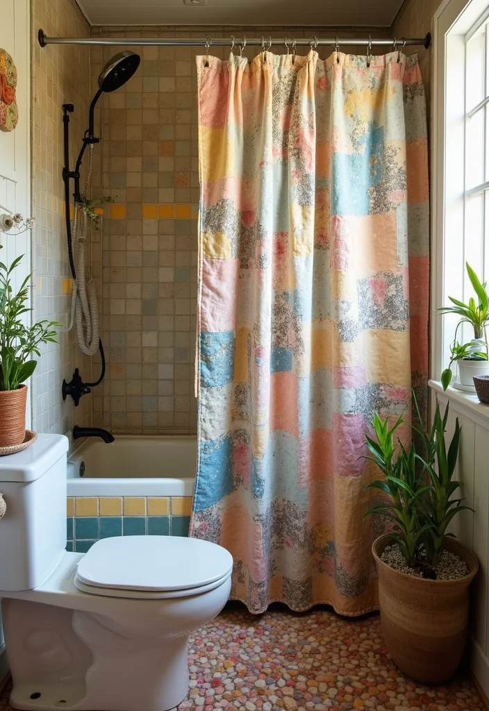 18 Shower Curtain Decor Ideas for Stylish Bathrooms - 5. Upcycled Fabrics