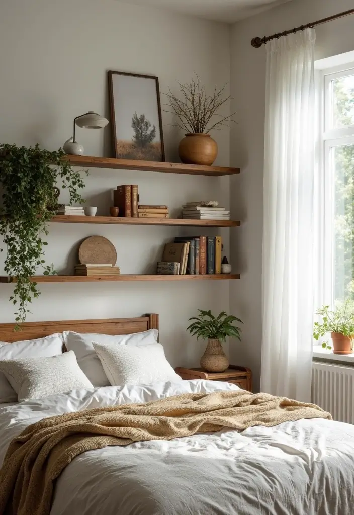 25 A-Frame Bedroom Ideas That Bring Cozy Cabin Vibes Indoors - 6. Open Shelving with Rustic Decor