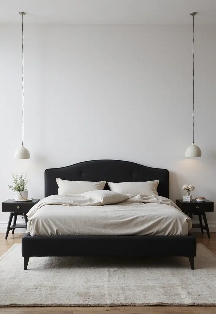 25 Bedroom Ideas with Black Furniture That Look Modern and Luxurious - 1. Sleek Black Bedframe with Neutral Accents