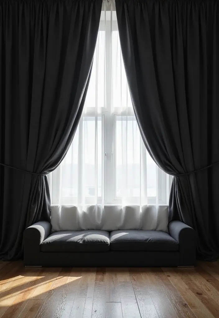 25 Bedroom Ideas with Black Furniture That Look Modern and Luxurious - 12. Floor-to-Ceiling Curtains