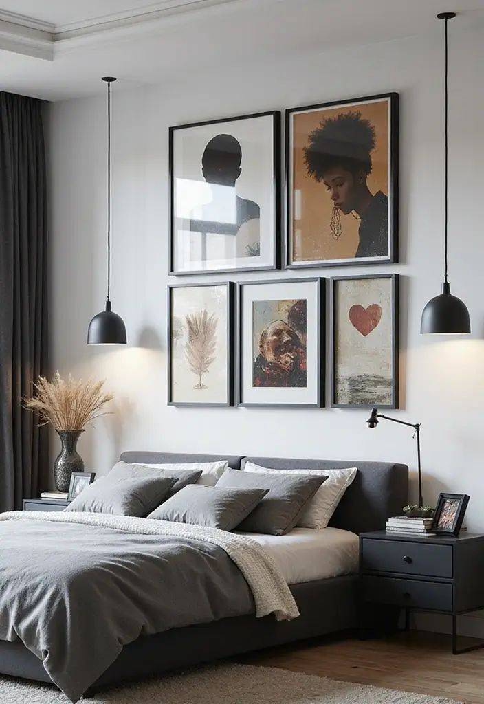 25 Bedroom Ideas with Black Furniture That Look Modern and Luxurious - 13. Eclectic Art Display with Black Frames