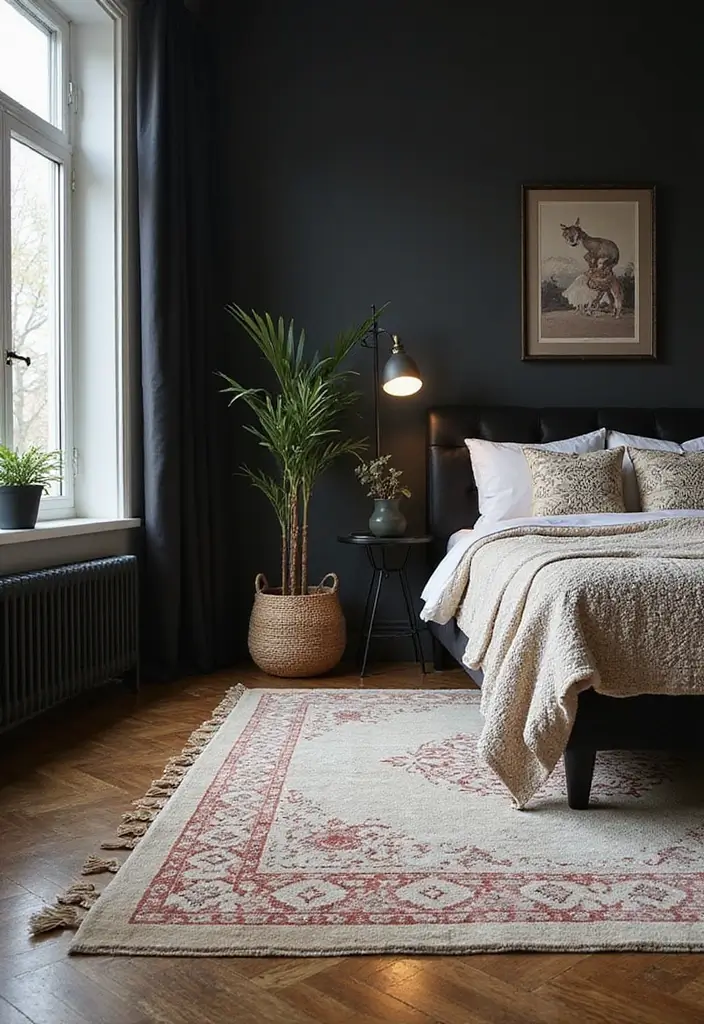 25 Bedroom Ideas with Black Furniture That Look Modern and Luxurious - 15. Stylish Area Rugs Under Black Furniture