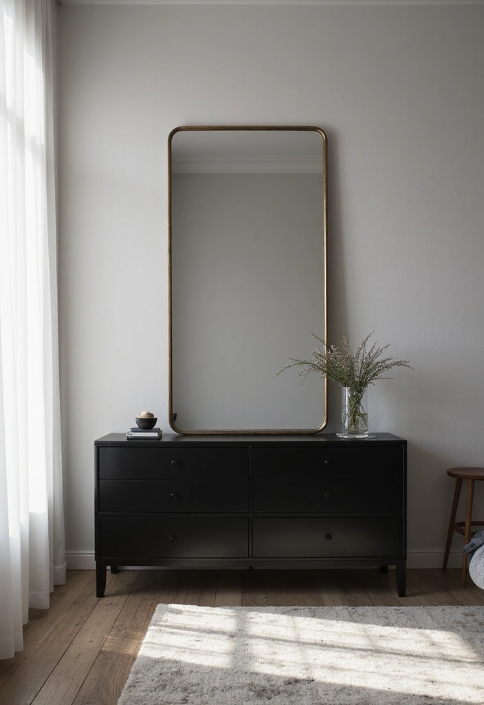 25 Bedroom Ideas with Black Furniture That Look Modern and Luxurious - 17. Minimal Black Dressers with Elegant Mirrors