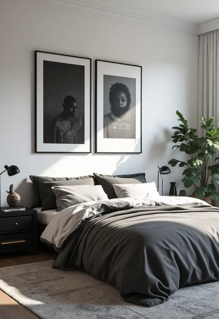 25 Bedroom Ideas with Black Furniture That Look Modern and Luxurious - 21. Layering Wall Art in Black Frames