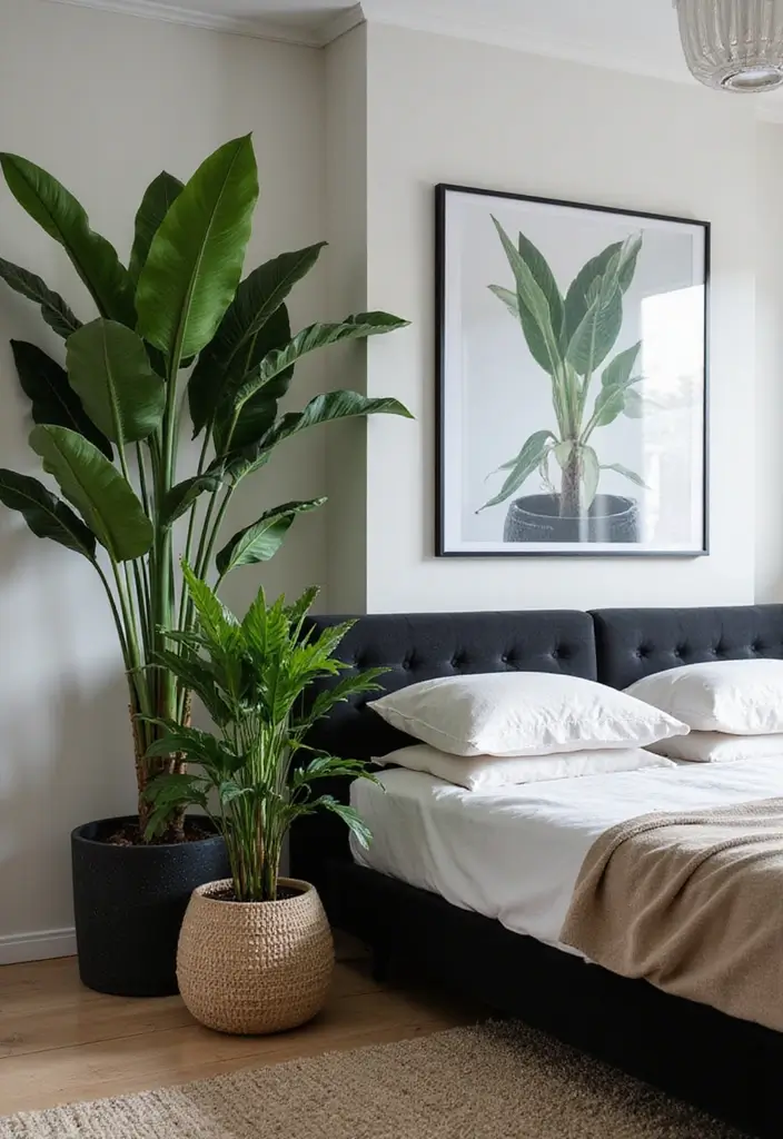 25 Bedroom Ideas with Black Furniture That Look Modern and Luxurious - 23. Statement Plant Features