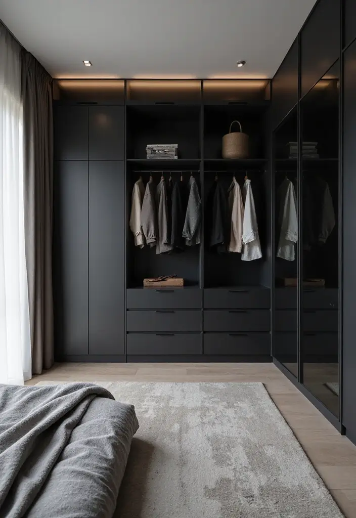 25 Bedroom Ideas with Black Furniture That Look Modern and Luxurious - 24. Custom Built-in Wardrobes