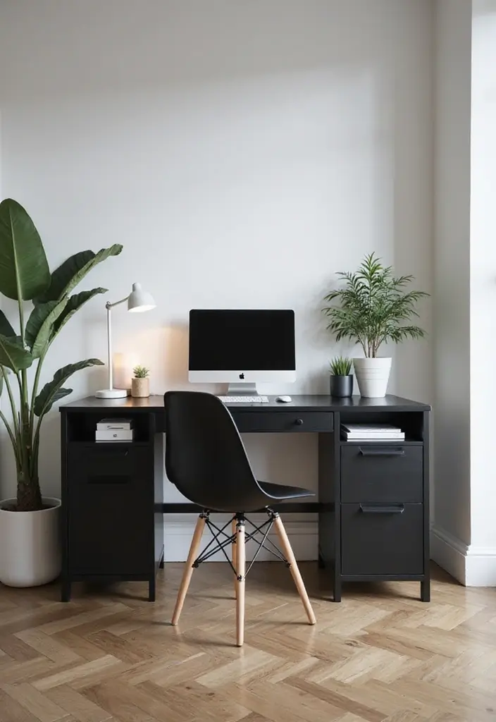 25 Bedroom Ideas with Black Furniture That Look Modern and Luxurious - 4. Minimalist Desk Setup with Black Furniture
