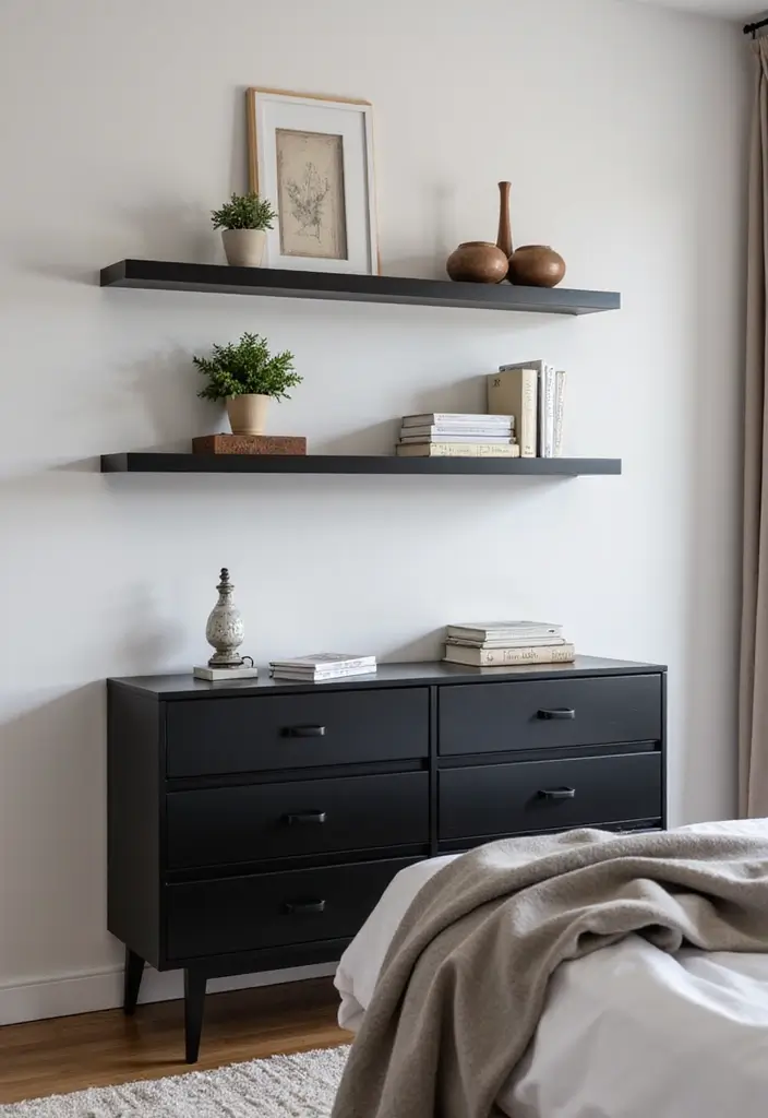 25 Bedroom Ideas with Black Furniture That Look Modern and Luxurious - 5. Floating Shelves with Black Furniture