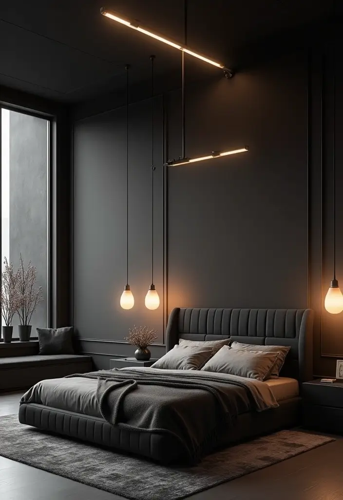 25 Bedroom Ideas with Black Furniture That Look Modern and Luxurious - 9. Statement Lighting Over Black Furniture