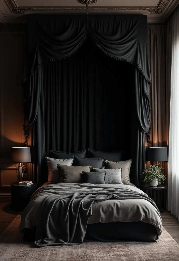 25 Black Canopy Bedroom Ideas That Add Drama and Elegance - 11. Majestic Canopy Layering