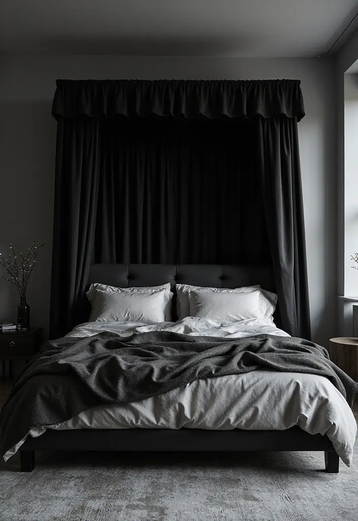 25 Black Canopy Bedroom Ideas That Add Drama and Elegance - 12. Monochrome Magic