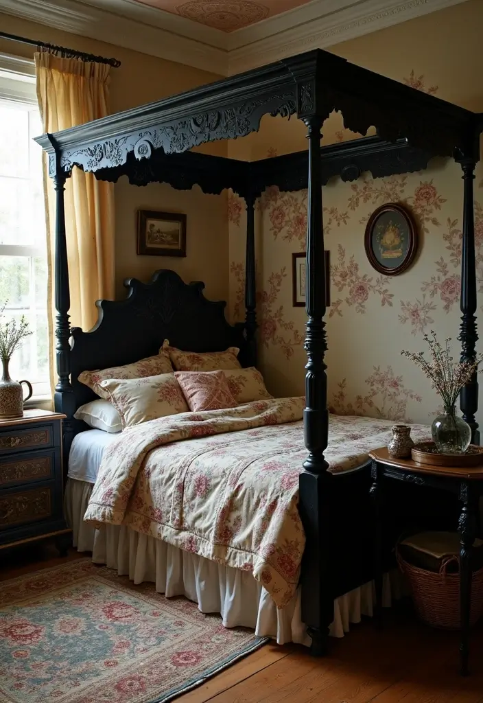 25 Black Canopy Bedroom Ideas That Add Drama and Elegance - 13. Vintage Charm