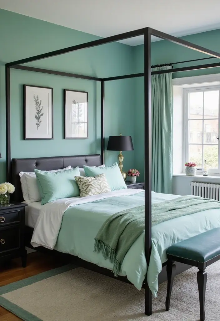 25 Black Canopy Bedroom Ideas That Add Drama and Elegance - 16. Neo-Mint Accents