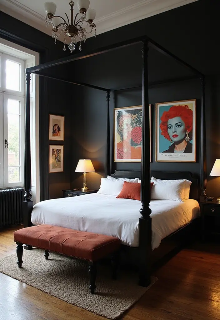 25 Black Canopy Bedroom Ideas That Add Drama and Elegance - 18. Bright & Bold Artwork