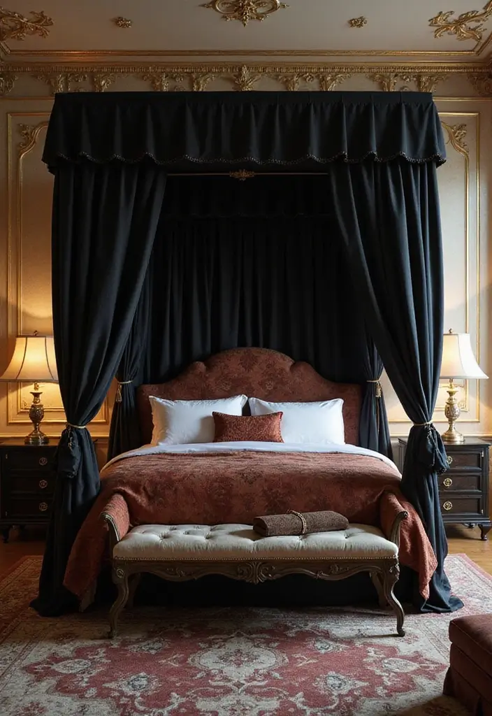 25 Black Canopy Bedroom Ideas That Add Drama and Elegance - 19. Warm Metallic Accents