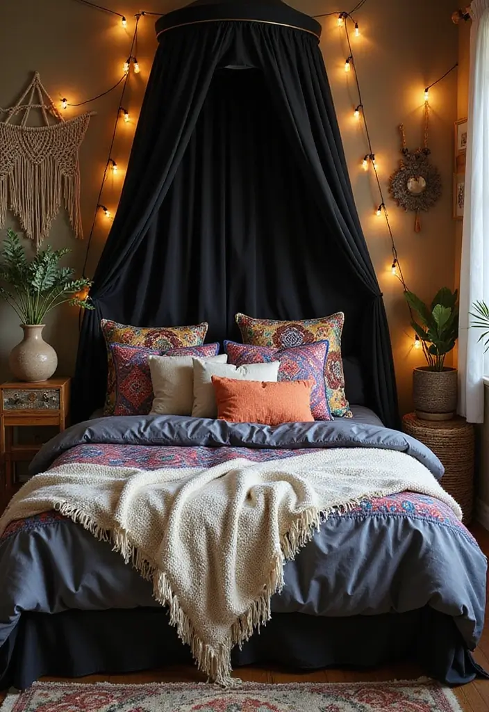 25 Black Canopy Bedroom Ideas That Add Drama and Elegance - 2. Bohemian Black Canopy